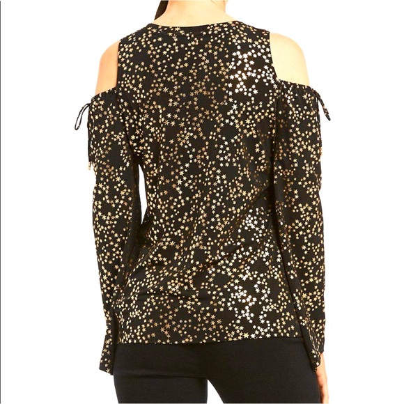 Michael Kors Cold Shoulders Blouse Gold Stars Print Long Sleeves Logo Ties - Picture 2 of 10